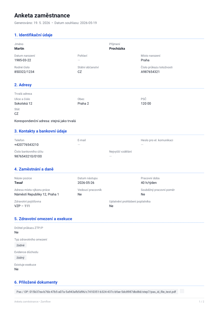 Zamflow PDF výstup — anketa zaměstnance